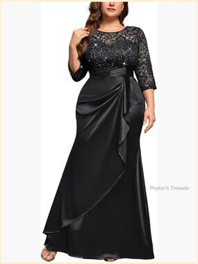 Plus Size Sequin Lace Contrast Satin Ruched Bodycon Mermaid Formal Maxi Dress